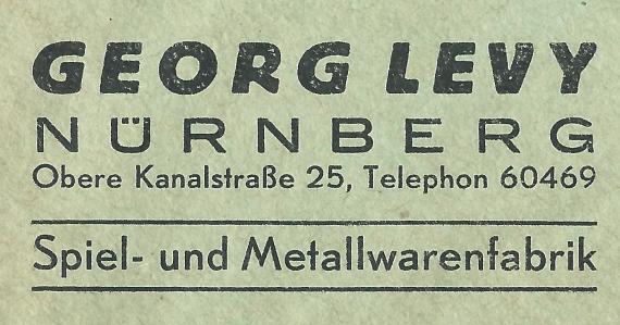 Geschäfts-Briefumschlag der Spiel- und Metallwarenfabrik Georg Levy in Nürnberg, Obere Kanalstraße 5, - versandt am 6. Oktober 1930  -  Ausschnittvergößerung Firmenadresse