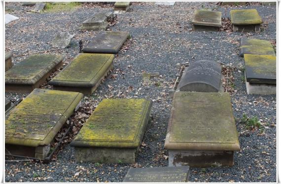 There are a few recumbent, mossy headstones in the Miles End cemetery.