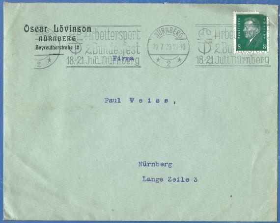 Envelope from Oscar Lövinson in Nuremberg, Bayreutherstrasse 12, - mailed July 10, 1929.