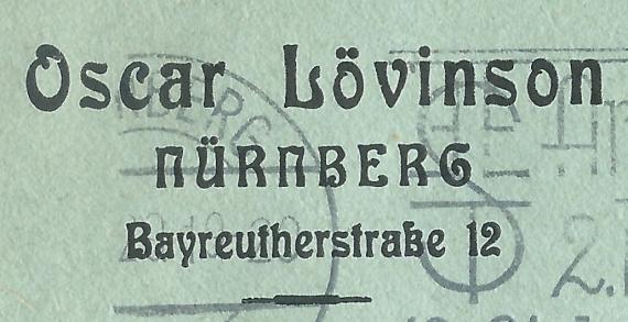 Briefumschlag - Oscar Lövinson Envelope from Oscar Lövinson in Nuremberg, Bayreutherstraße 12, - mailed on July 10, 1929 - clipping address