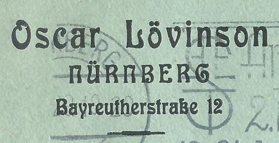 Briefumschlag von Oscar Lövinson in Nürnberg, Bayreutherstraße 12, - versandt am 10. Juli 1929  -  Ausschnittvergrößerung Adresse