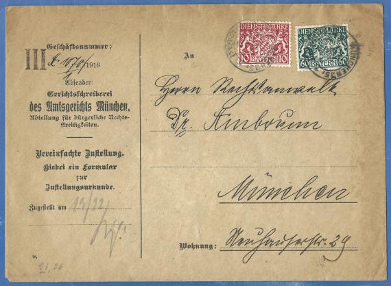 Envelope addressed to Dr. Ambrunn, attorney-at-law, Munich, Neuhauser Strasse 29, - mailed December 12, 1919