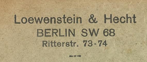 Geschäftsbriefumschlag der Fa. Loewenstein & Hecht, - versandt am 12. Oktober 1922  - Ausschnittvergrößerung Firmenanschrift