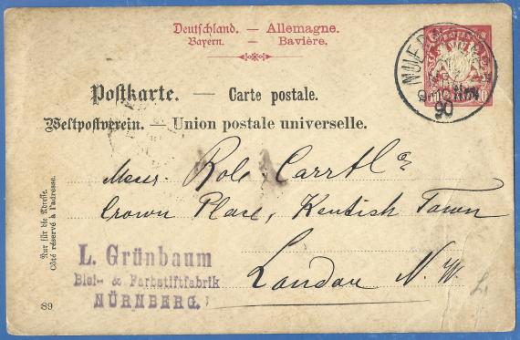 Postkarte geschäftlicher Art der " Blei- und Farbstiftfabrik L. Grünbaum ", versandt nach London am 11. März 1890 