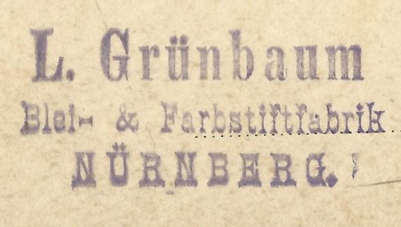 Postcard of " Blei- und Farbstiftfabrik L. Grünbaum ", mailed to London on March 11, 1890 - detail enlargement of company name