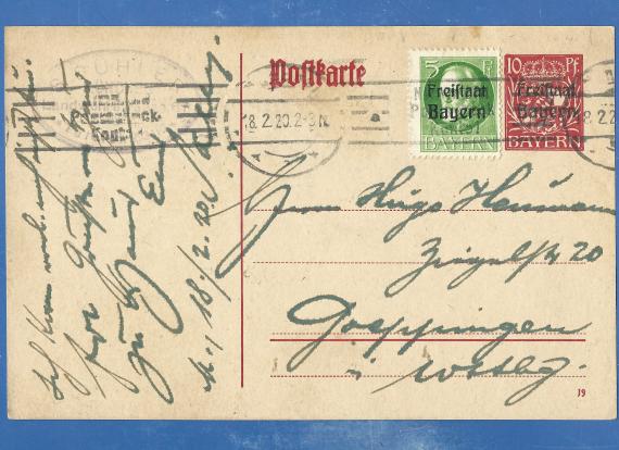 Postkarte an Herrn Hugo Heumann, Ziegelstraße 20 in Göppingen, - versandt am 18. April 1920 von Samuel Bühler in München