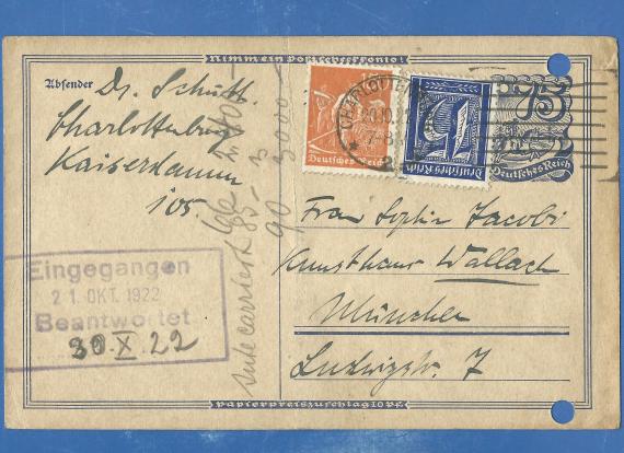 Postcard of a business nature to Mrs. Sophie Jacobi, Kunsthaus Wallach, Munich, Ludwigstraße 7 - sent on October 20, 1922 from Charlottenburg