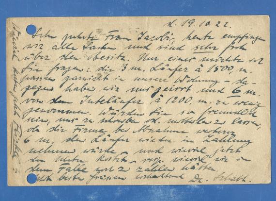 Postkarte - Sophie Jacobi - Kunsthaus Wallach Postkarte geschäftlicher Art an Frau Sophie Jacobi, Kunsthaus Wallach, München, Ludwigstraße 7 - versandt am 20. Oktober 1922 von Charlottenburg - Kartenrückseite