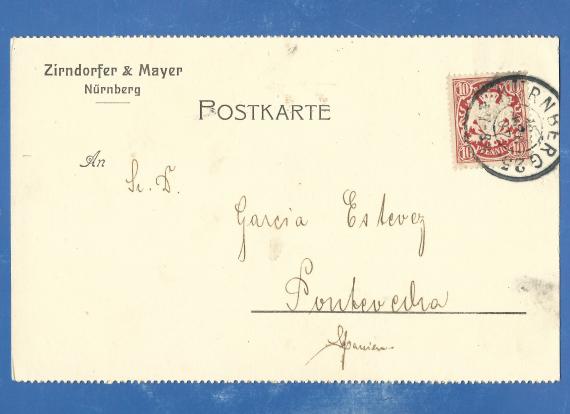 Business postcard of the company Zirndorfer & Mayer, - mailed on April 15, 1907 to Pontevedra in Spain