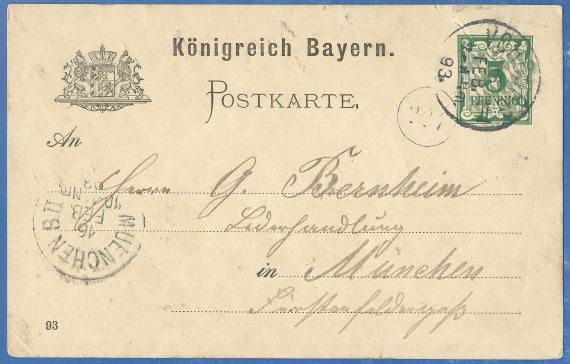 Postkarte an Herrn G. Bernheim, Lederhandlung in München, Fürstenfeldergaß, - versandt am 16.Februar 1893 von Vohburg