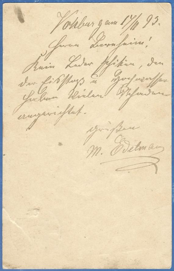 Postcard of a business nature to Mr. G. Bernheim, Lederhandlung, Munich, Fürstenfeldergaß, - sent on February 16, 1893 from Vohburg - back of card