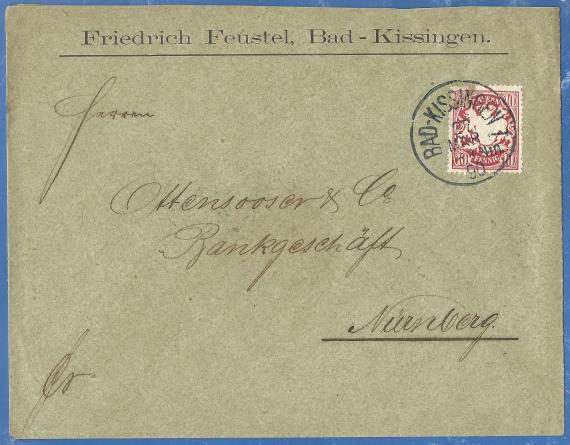 Briefumschlag, adressiert an Herrn Ottensooser & Co, Bankgeschäft in Nürnberg, - versandt aus Bad Kissingen am 27. März 1890