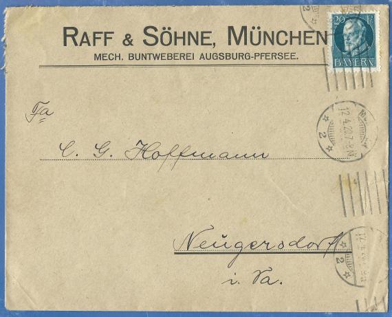 Business envelope Raff & Söhne, Munich, Mech. Buntweberei Augsburg-Pfersee, - mailed April 12, 1920