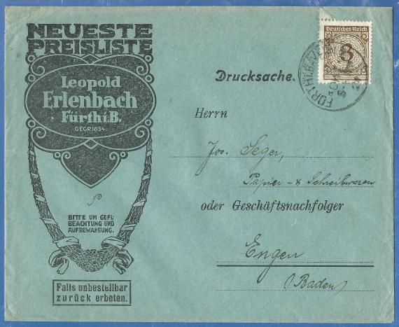 Business envelope of the company Leopold Erlenbach in Fürth, - mailed on October 14, 1924