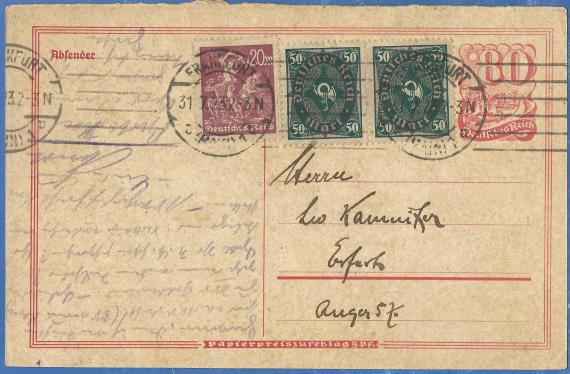 Postkarte an Herrn Leo Kamnitzer in Erfurt, Anger 57 - versandt am 31. Juli 1923 von Frankfurt am Main