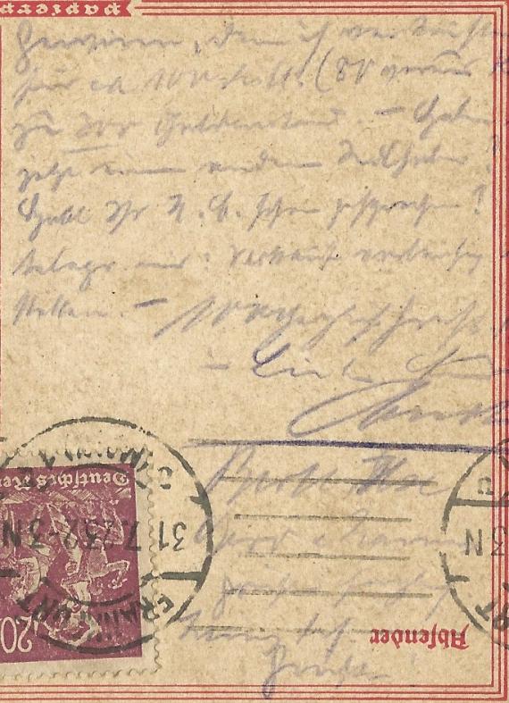 Postkarte an Herrn Leo Kamnitzer in Erfurt, Anger 57 - versandt am 31. Juli 1923 von Frankfurt am Main  -   auf dem Kopf stehender Textteil der Kartenvorderseite