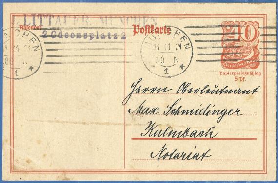 Postkarte geschäftlicher Art, - versandt am 11. November 1921 von J. Littauer, München, Odeonsplatz 2 nach Kulmbach 