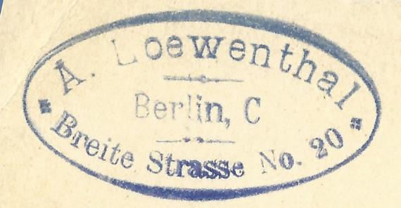 Postkarte geschäftlicher Art, versandt am 19. August 1896 von der Teppich- und Deckenweberei A. Loewenthal in Berlin, Breite Straße 20. nach Ungarn   - Ausschnittvergrößerung Absenderstempel