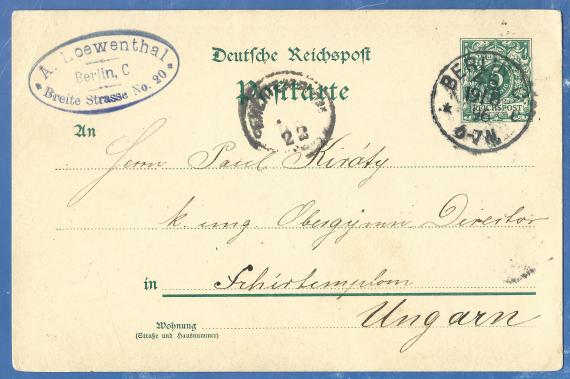 Postcard of business nature, - sent on August 19, 1896 from the carpet and blanket weaving mill A. Loewenthal in Berlin, Breite Straße 29 to Hungary