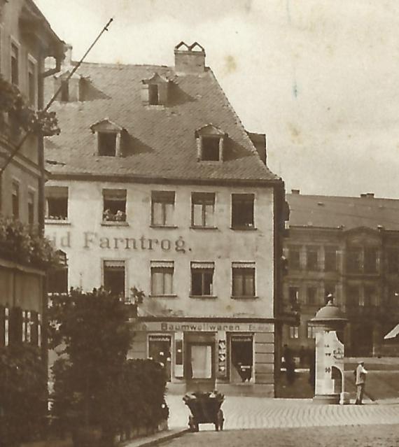 Old picture postcard of Fuerth - At the town hall - with the manufactory store of David Farntrog, - sent on 29, September 1930 - detail enlargement manufactory store David Farntrog