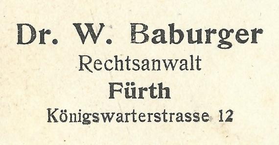 Geschäftspostkarte von Rechtsanwalt  Dr. Wilhelm Baburger in Fürth, Königswarterstraße 12, - versandt am 26. September 1917  -  Ausschnittvergrößerung Kanzleiadresse