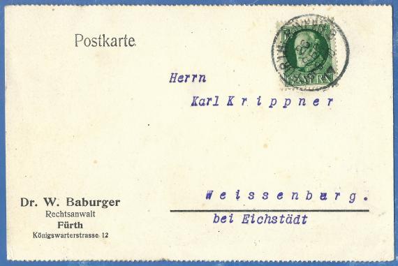 Geschäftspostkarte von Rechtsanwalt  Dr. Wilhelm Baburger in Fürth, Königswarterstraße 12, - versandt am 26. September 1917  