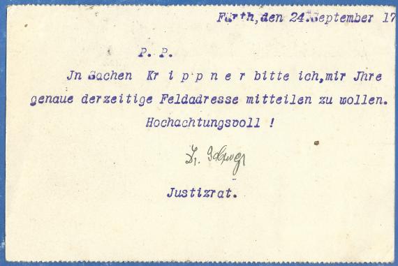 Geschäftspostkarte von Rechtsanwalt  Dr. Wilhelm Baburger in Fürth, Königswarterstraße 12, - versandt am 26. September 1917  -  Kartenrückseite