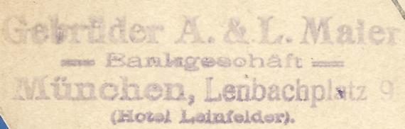 Postkarte geschäftlicher Art vom " Bankgeschäft Gebrüder A. & L. Maier ", Lenbachplatz 9 in München, - versandt am 30. September 1917 - Ausschnittvergrößerung Firmenstempel