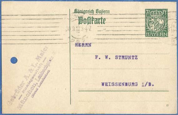 Postkarte - Gebrüder A. & L. Maier Postkarte geschäftlicher Art vom " Bankgeschäft Gebrüder A. & L. Maier ", Lenbachplatz 9 in München, - versandt am 30. September 1917