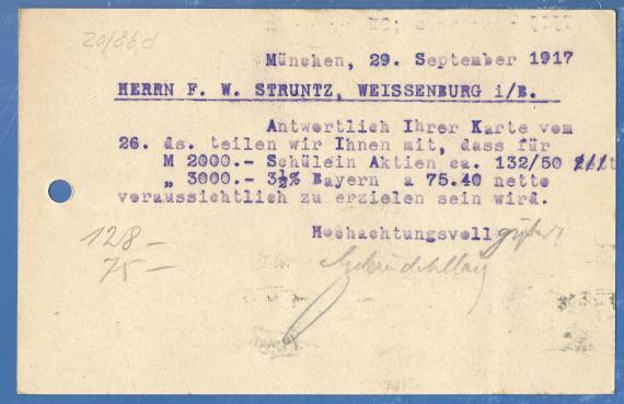 Postcard of business nature from " Bankgeschäft Gebrüder A. & L. Maier ", Lenbachplatz 9 in Munich, - mailed September 30, 1917 - back of card