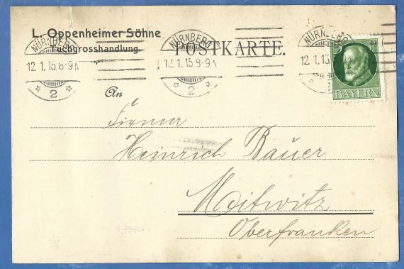 Geschäftspostkarte der Tuchgroßhandlung L. Oppenheimer Söhne in Nürnberg, - versandt am 12. Januar 1915  