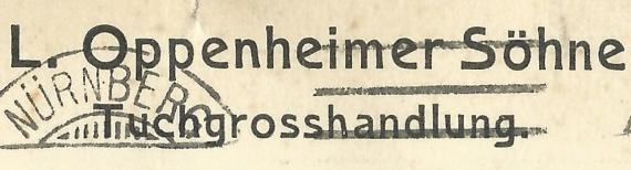 Geschäftspostkarte der Tuchgroßhandlung L. Oppenheimer Söhne in Nürnberg, - versandt am 12. Januar 1915  -  Ausschnittvergrößerung Firmenname