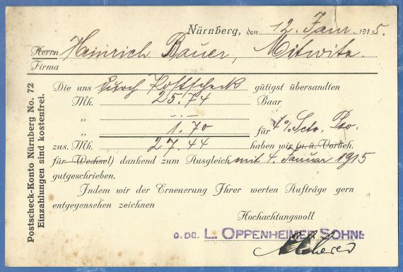 Business postcard of the cloth wholesaler L. Oppenheimer Söhne in Nuremberg, - mailed January 12, 1915 - back of card