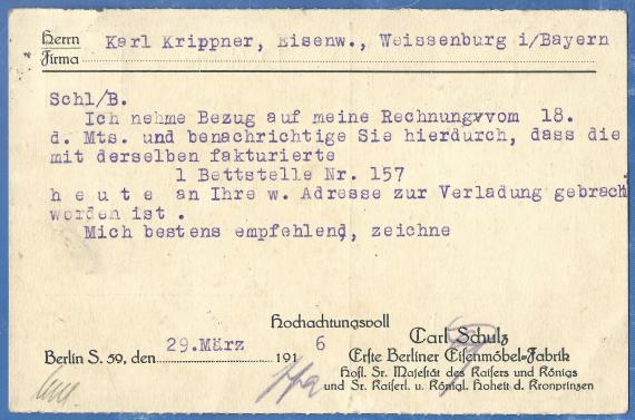 Geschäftspostkarte " Erste Berliner Eisenmöbel-Fabrik - Carl Schulz ", Hoflieferant Seiner Majestät des Kaisers und König und Seiner Kaiserlichen und Königlichen Hoheit des Kronprinzen, - versandt am 29. März 1916  -  Kartenrückseite