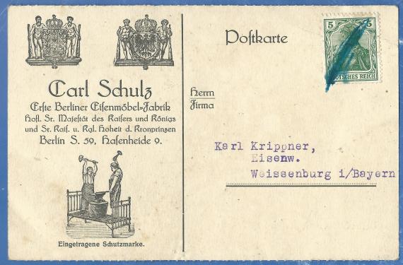 Business postcard " First Berlin Iron Furniture Factory - Carl Schulz ", purveyor to the court of His Majesty the Emperor and King and His Imperial and Royal Highness the Crown Prince, - mailed March 29, 1916