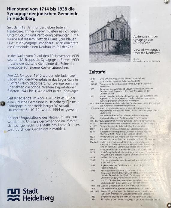 Infotafel der Stadt Heidelberg mit Zeittafel zur Jüdischen Geschichte in der Stadt.