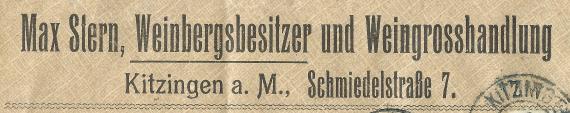 Envelope from " Max Stern, vineyard owner and wine wholesaler " in Kitzingen am Main, Schmiedelstraße 7 - mailed August 2, 1916 - clipping address