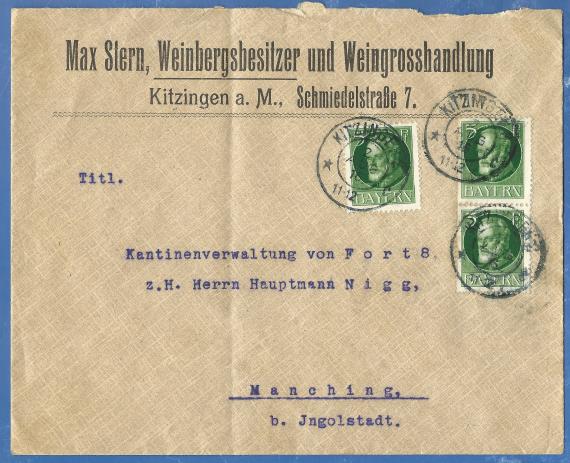 Briefumschlag - Max Stern Briefumschlag von " Max Stern, Weinbergsbesitzer und Weingroßhandlung " in Kitzingen am Main, Schmiedelstraße 7 - versandt am 2. August 1916
