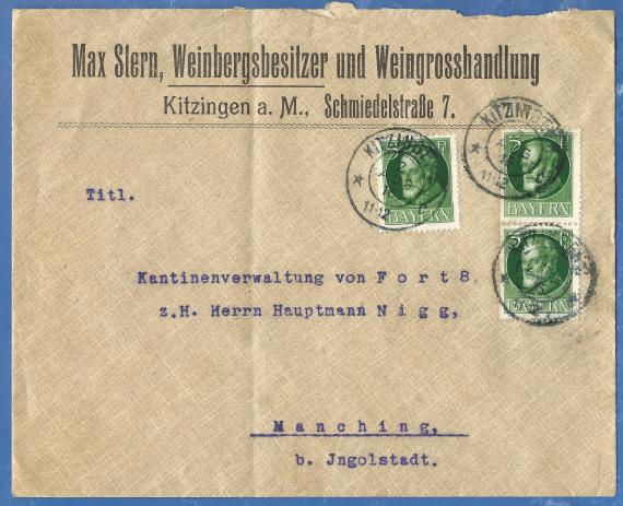 Briefumschlag von " Max Stern, Weinbergsbesitzer und Weingroßhandlung " in Kitzingen am Main, Schmiedelstraße 7 - versandt am 2. August 1916               