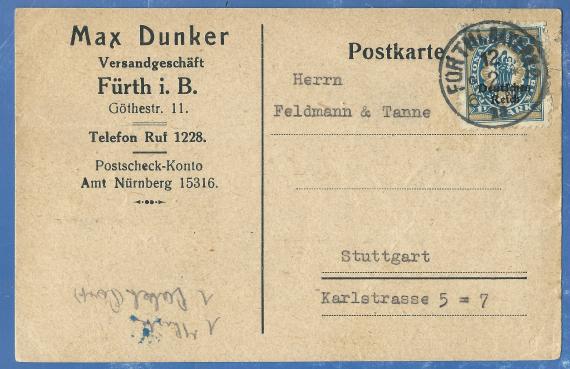 Postkarte geschäftlicher Art an Herrn Feldmann & Tanne, Karlstraße 5-7 in Stuttgart - versandt am 12. Februar 1922