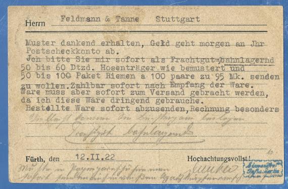 Postkarte geschäftlicher Art an Herrn Feldmann & Tanne, Karlstraße 5-7 in Stuttgart - versandt am 12. Februar 1922 - Kartenrückseite