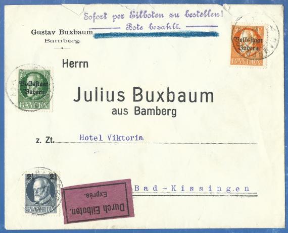 Briefumschlag - Gustav Buxbaum Briefumschlag von Herrn Gustav Buxbaum an Herrn Julius Buxbaum, - versandt am 12. Juni 1919 nach Bad Kissingen