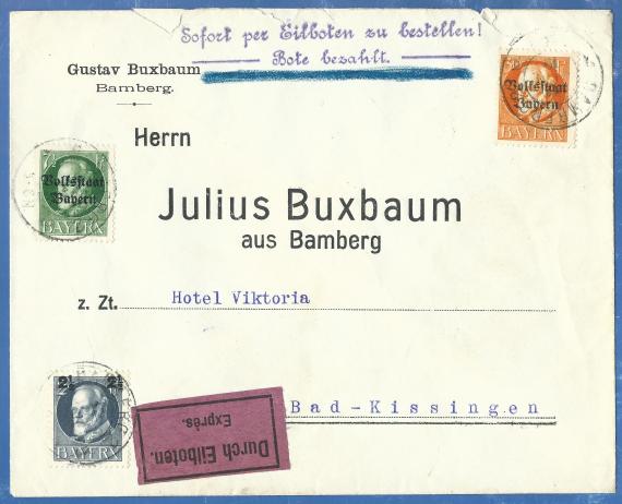 Briefumschlag von Herrn Gustav Buxbaum an Herrn Julius Buxbaum, - versandt am 12. Juni 1919 nach Bad Kissingen