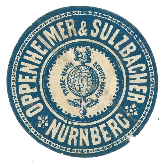 Siegelmarke - Werbemarke  des " Export-Geschäfts für Schreib- Kurz- und Spielwaren  Oppenheimer & Sulzbacher " in Nürnberg aus der Zeit um 1900-1910