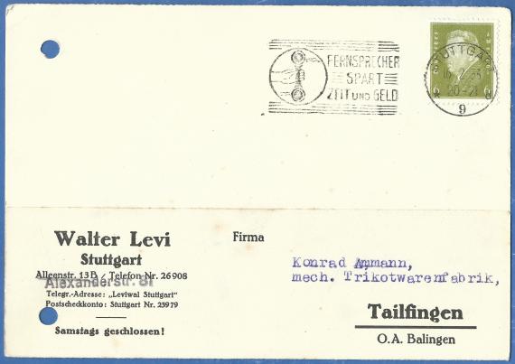 Postkarte geschäftlicher Art von Walter Levi in Stuttgart, Alexanderstraße 81, vorher Alleenstraße 13B, - versandt 16. Februar 1933 