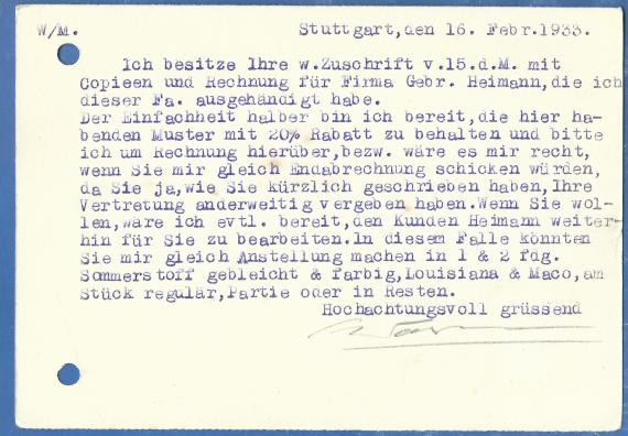 Postkarte geschäftlicher Art von Walter Levi in Stuttgart, Alexanderstraße 81, vorher Alleenstraße 13B, - versandt 16. Februar 1933  -  Kartenrückseite