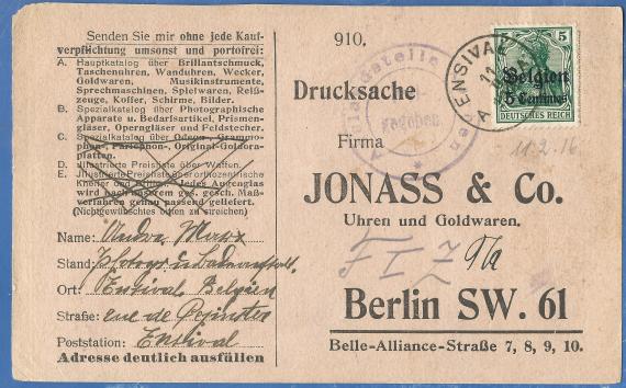 Geschäftskarte der Firma Jonass & Co, Uhren und Goldwaren in Berlin SW 61, Belle-Allianz-Straße7,8,9,10. - versandt von Ensival in Belgien am 11. Februar 1916 