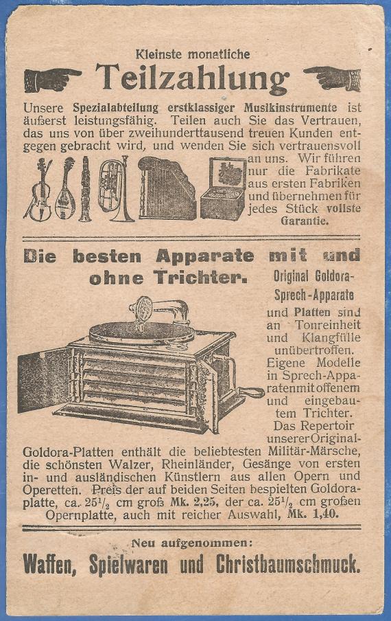 Geschäftskarte der Firma Jonass & Co, Uhren und Goldwaren in Berlin SW 61, Belle-Allianz-Straße7,8,9,10. - versandt von Ensival in Belgien am 11. Februar 1916 - Kartenrückseite