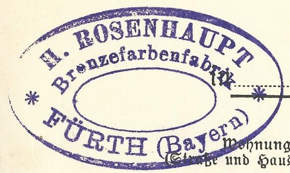 Historische Ansichtskarte Fürth 1898 - Alte Veste bei Fürth - Aussichtsturm, versandt von Hermann Rosenhaupt am 20. September 1899 nach Greenwood - Massachusetts in den USA - Kartenrückseite - Ausschnittvergrößerung Absenderstempel - (Bronzefarbenfabrik zusammengeschrieben)