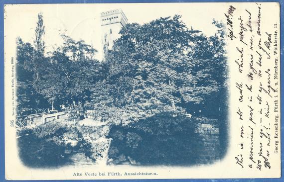 Historical picture postcard Fürth 1898 - Alte Veste near Fürth - lookout tower, sent by Hermann Rosenhaupt on September 20, 1899 to Greenwood - Massachusetts in the USA